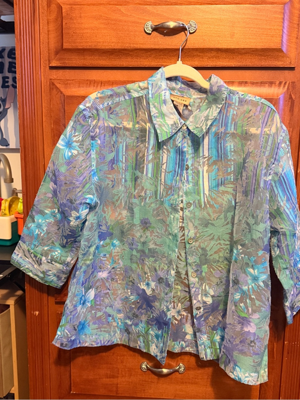 Choices Floral Button-Up in Teal, Blue & Purple